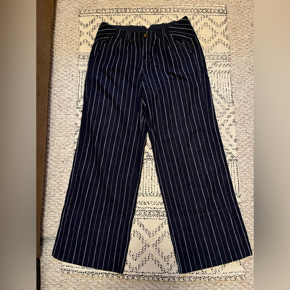 Free People Linen Navy Striped Pants - 6